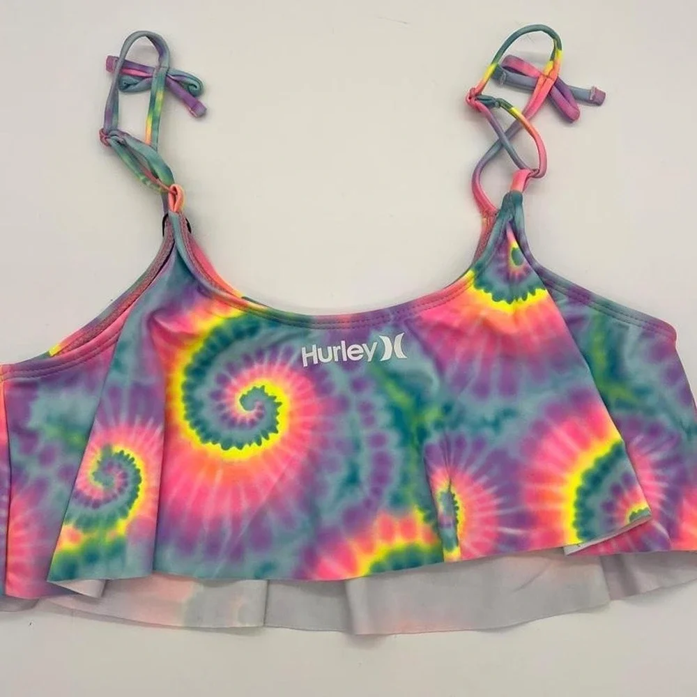 NWT Hurley Flounce 2 Piece Set Bikini XL Girls Multi Tie Dye w/ Spirals
